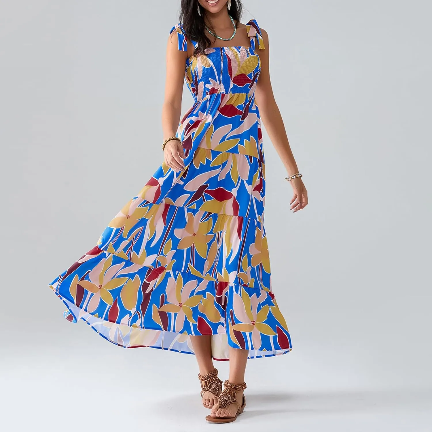 Women Boho Floral Maxi Dress Y2k Spaghetti Strap Backless Long Dress Beach Vacation A Line Swing Sundress