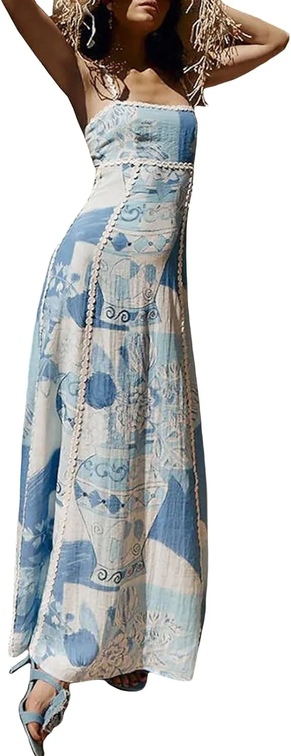 Women Boho Floral Maxi Dress Y2k Spaghetti Strap Backless Long Dress Beach Vacation A Line Swing Sundress