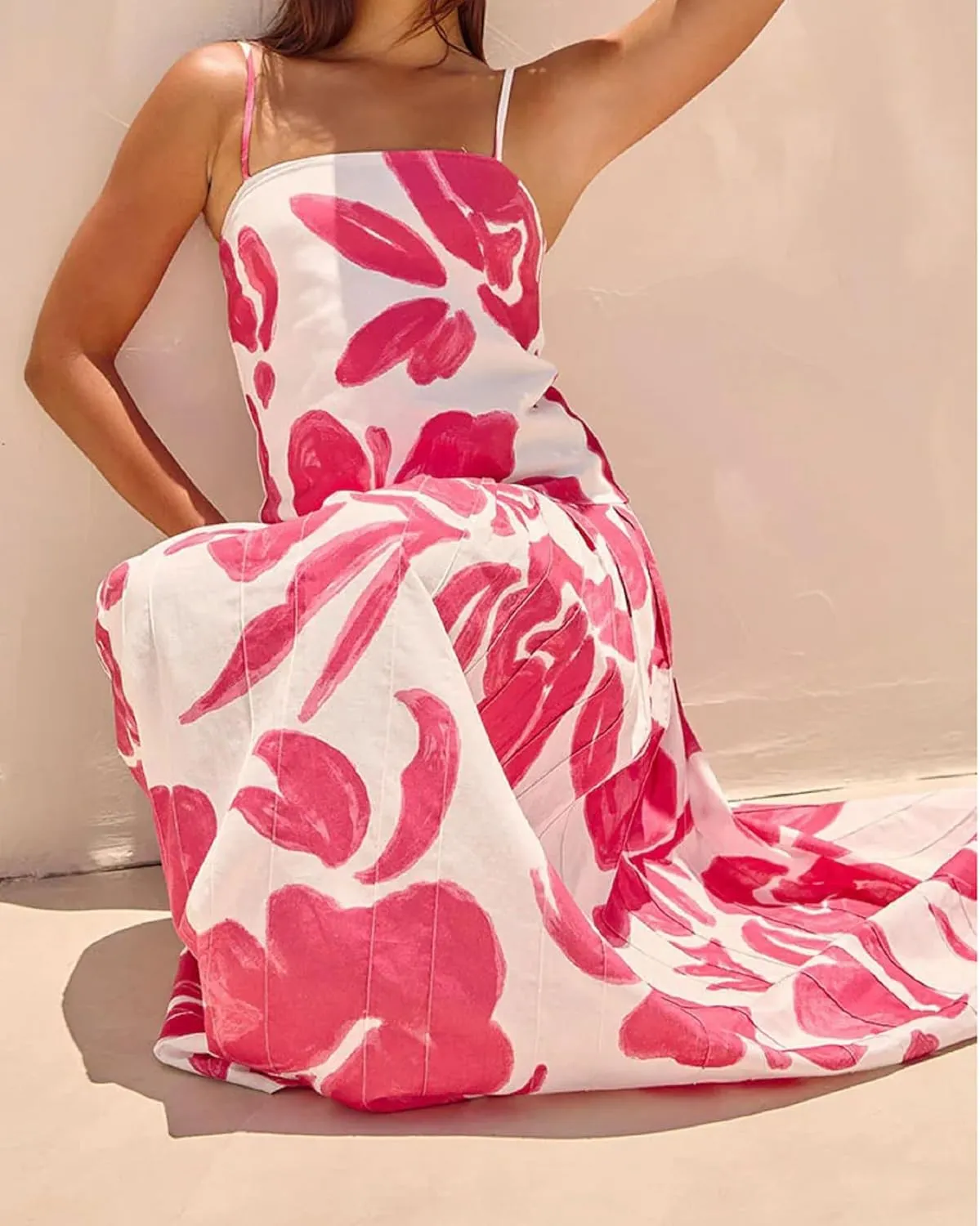 Women Boho Floral Maxi Dress Y2k Spaghetti Strap Backless Long Dress Beach Vacation A Line Swing Sundress