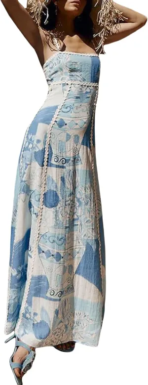 Women Boho Floral Maxi Dress Y2k Spaghetti Strap Backless Long Dress Beach Vacation A Line Swing Sundress