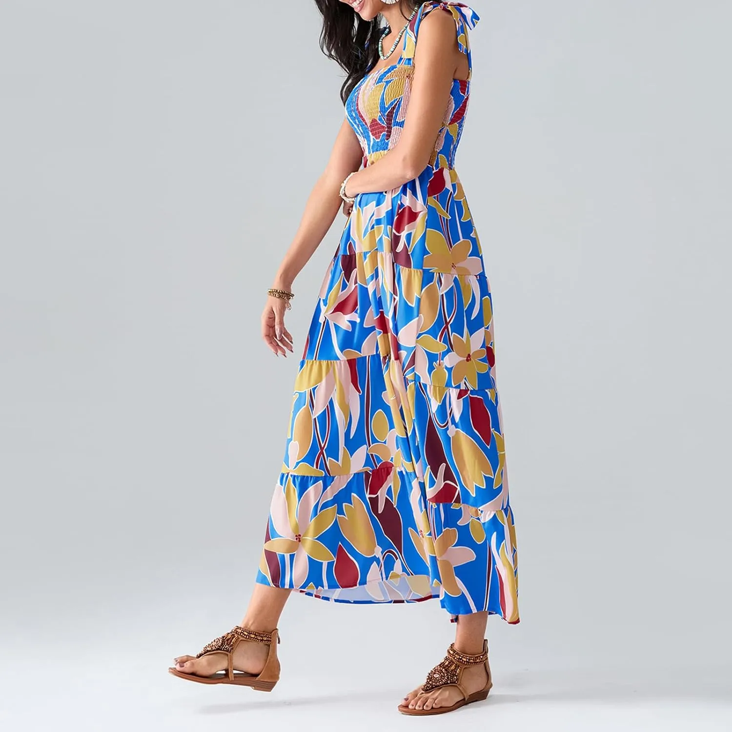 Women Boho Floral Maxi Dress Y2k Spaghetti Strap Backless Long Dress Beach Vacation A Line Swing Sundress