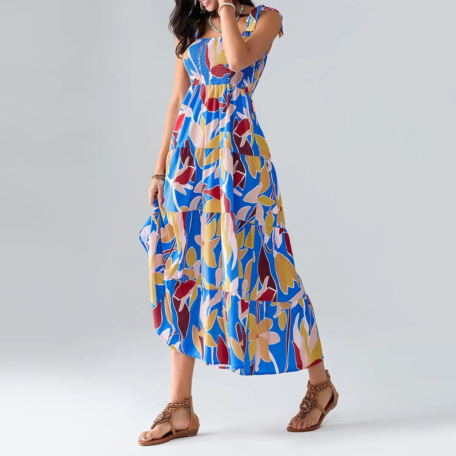 Women Boho Floral Maxi Dress Y2k Spaghetti Strap Backless Long Dress Beach Vacation A Line Swing Sundress