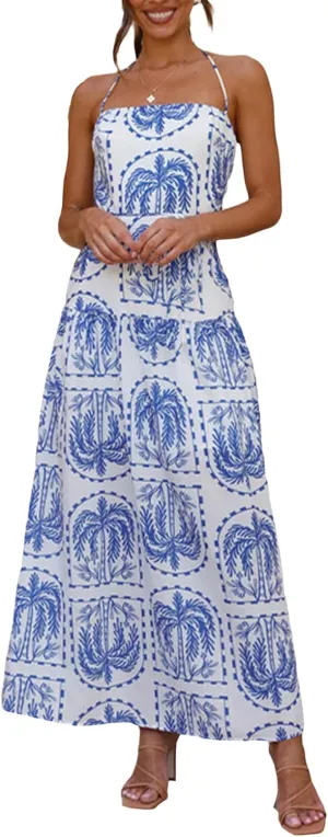 Women Boho Floral Maxi Dress Y2k Spaghetti Strap Backless Long Dress Beach Vacation A Line Swing Sundress