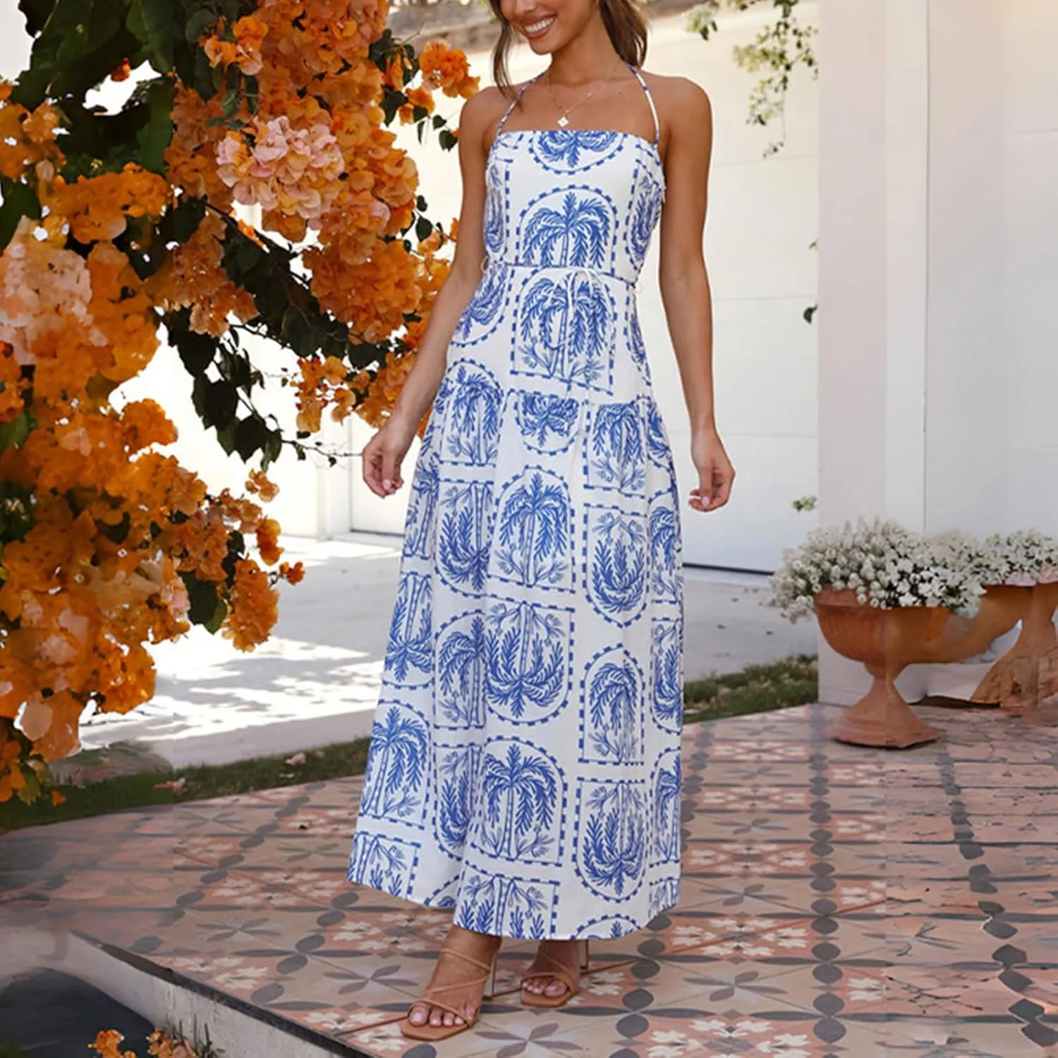 Women Boho Floral Maxi Dress Y2k Spaghetti Strap Backless Long Dress Beach Vacation A Line Swing Sundress