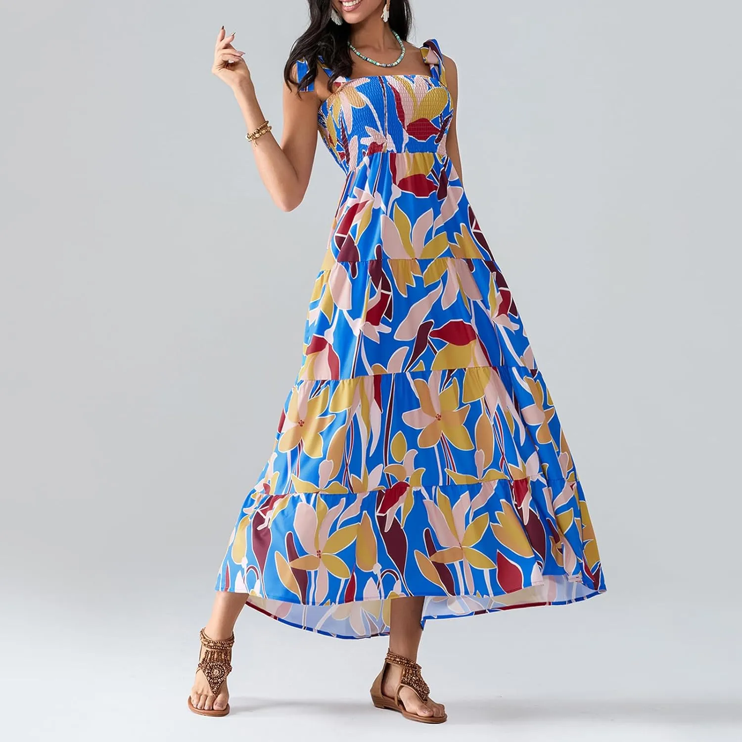 Women Boho Floral Maxi Dress Y2k Spaghetti Strap Backless Long Dress Beach Vacation A Line Swing Sundress