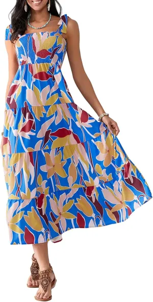 Women Boho Floral Maxi Dress Y2k Spaghetti Strap Backless Long Dress Beach Vacation A Line Swing Sundress
