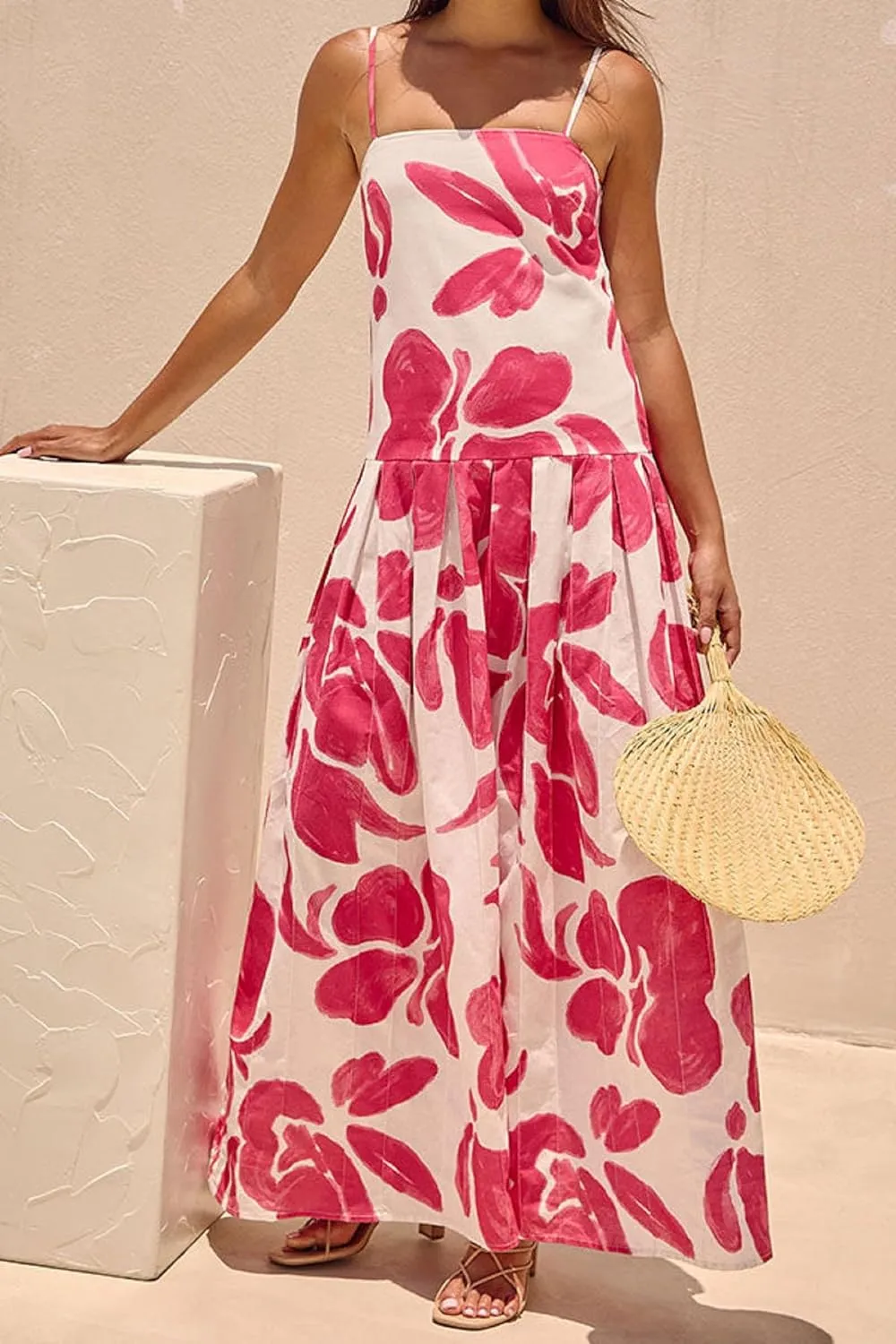 Women Boho Floral Maxi Dress Y2k Spaghetti Strap Backless Long Dress Beach Vacation A Line Swing Sundress