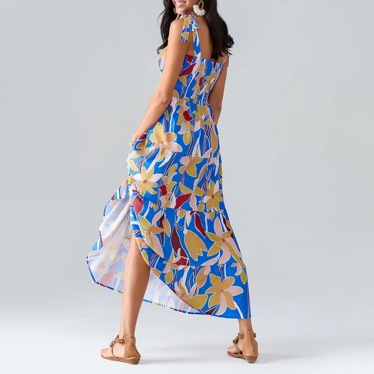 Women Boho Floral Maxi Dress Y2k Spaghetti Strap Backless Long Dress Beach Vacation A Line Swing Sundress