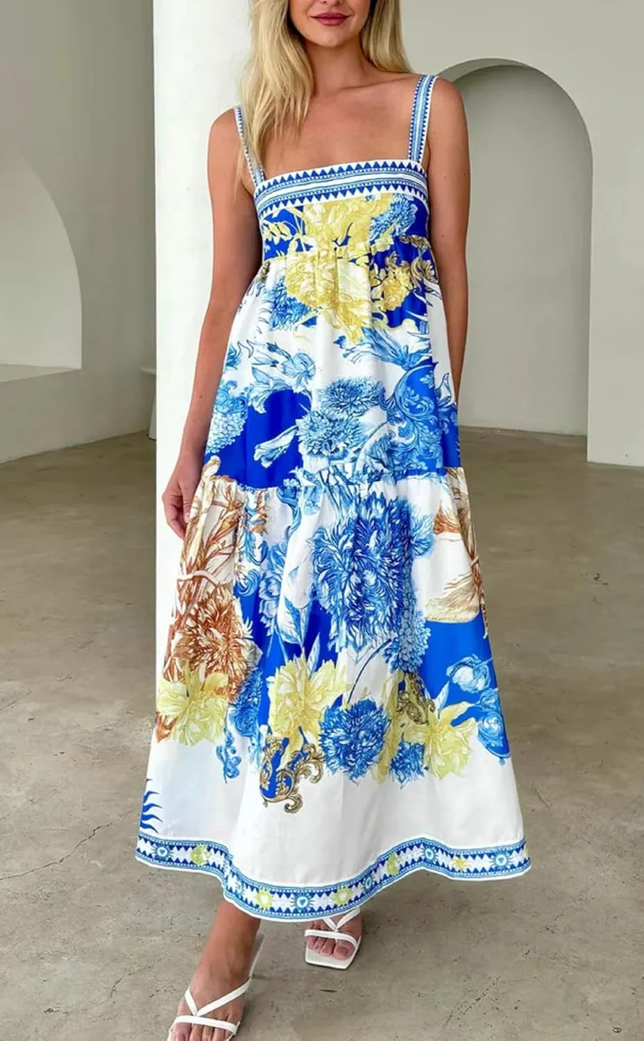 Women Boho Floral Maxi Dress Y2k Spaghetti Strap Backless Long Dress Beach Vacation A Line Swing Sundress