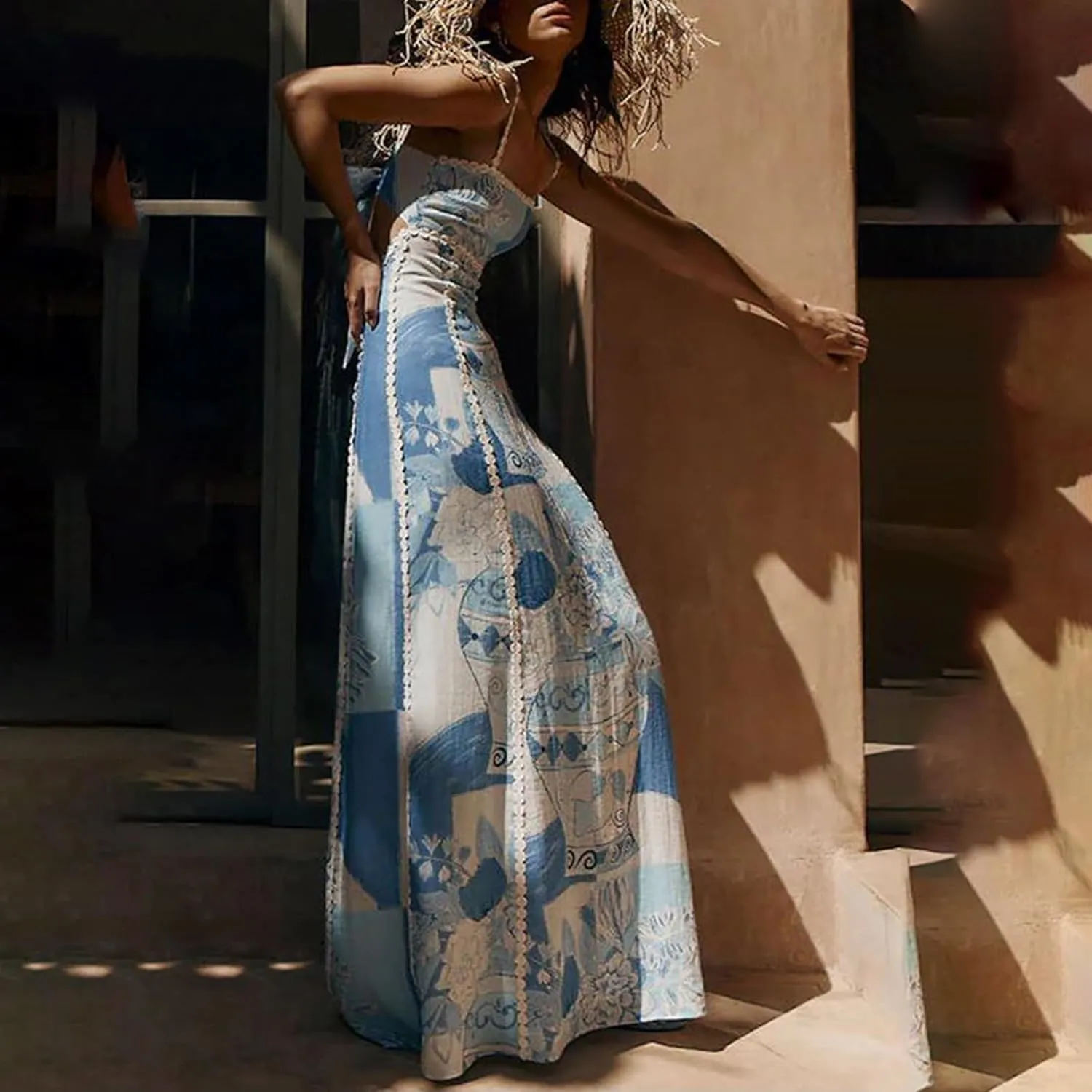 Women Boho Floral Maxi Dress Y2k Spaghetti Strap Backless Long Dress Beach Vacation A Line Swing Sundress