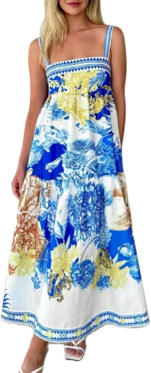 Women Boho Floral Maxi Dress Y2k Spaghetti Strap Backless Long Dress Beach Vacation A Line Swing Sundress