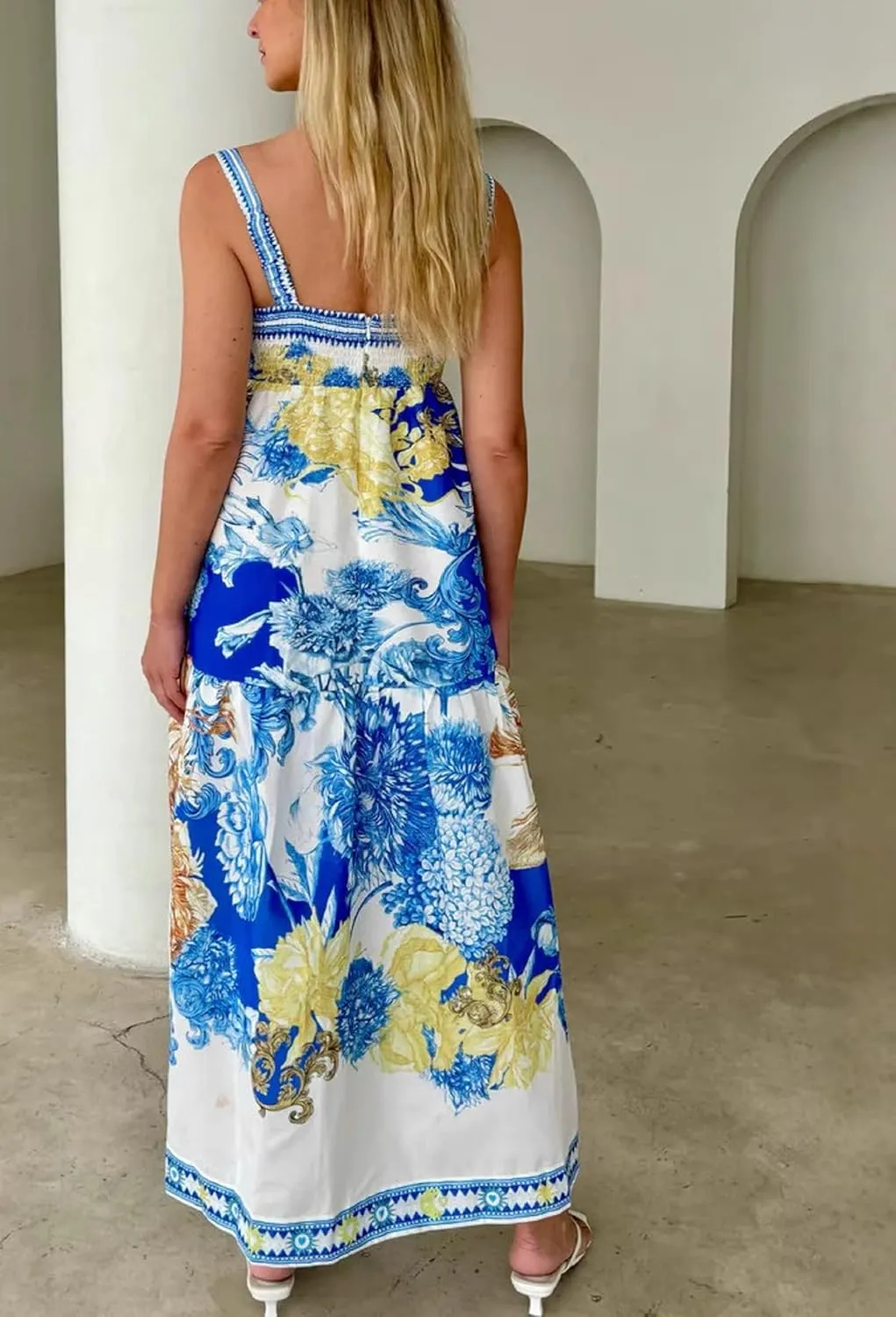 Women Boho Floral Maxi Dress Y2k Spaghetti Strap Backless Long Dress Beach Vacation A Line Swing Sundress