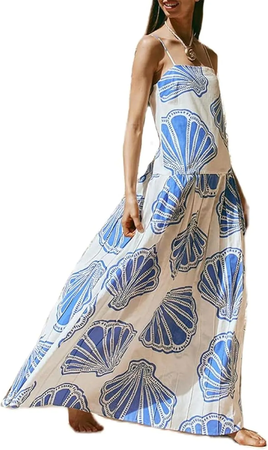 Women Boho Floral Maxi Dress Y2k Spaghetti Strap Backless Long Dress Beach Vacation A Line Swing Sundress