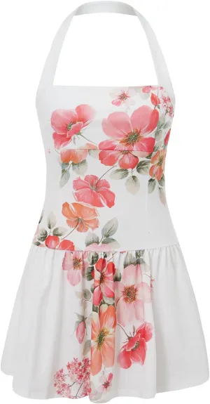 Women Boho Halter Mini Dress Spaghetti Strap Graffiti Floral Short Dresses Summer Backless A Line Dress