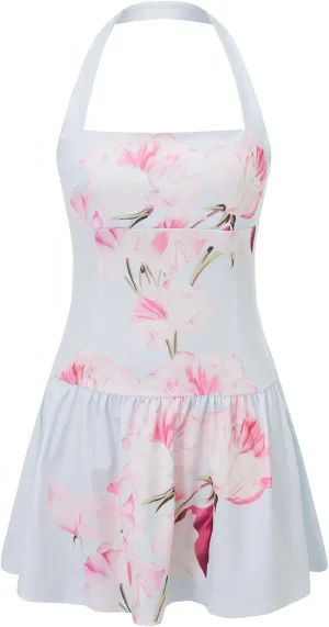 Women Boho Halter Mini Dress Spaghetti Strap Graffiti Floral Short Dresses Summer Backless A Line Dress