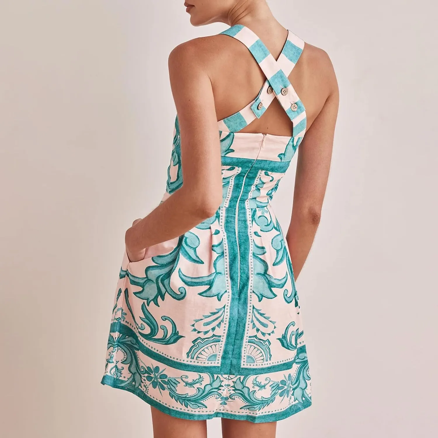 Women Boho Halter Mini Dress Spaghetti Strap Graffiti Floral Short Dresses Summer Backless A Line Dress