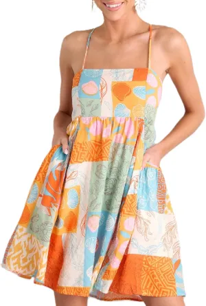 Women Boho Halter Mini Dress Spaghetti Strap Graffiti Floral Short Dresses Summer Backless A Line Dress