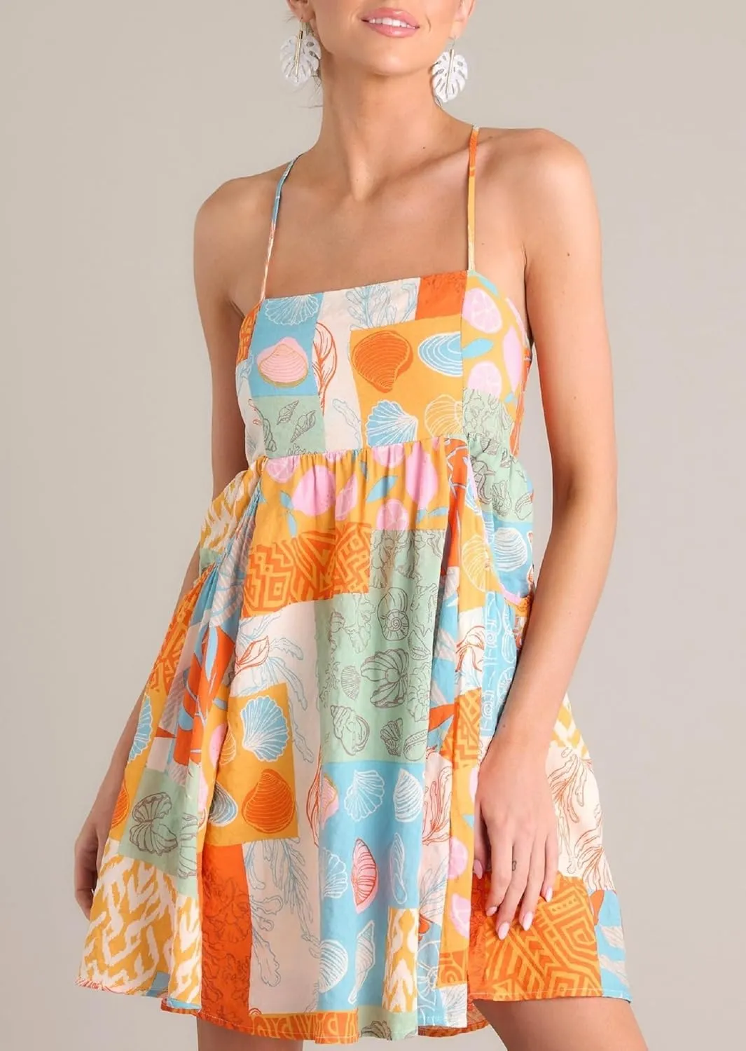 Women Boho Halter Mini Dress Spaghetti Strap Graffiti Floral Short Dresses Summer Backless A Line Dress