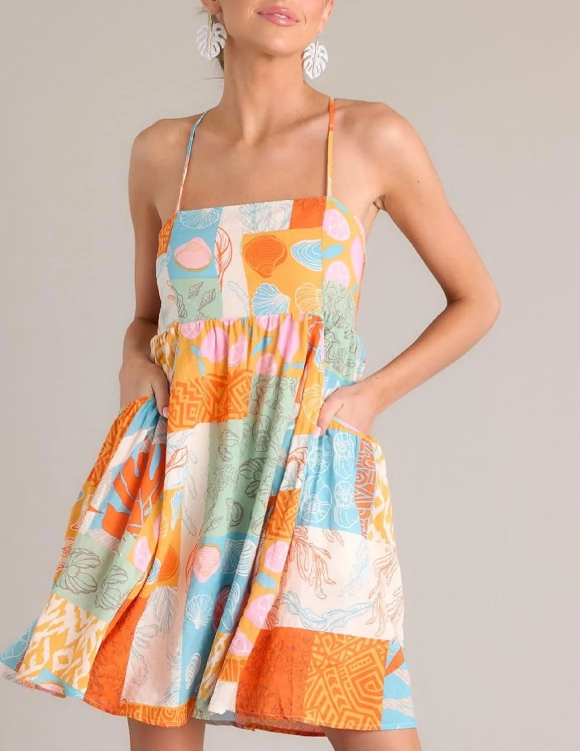 Women Boho Halter Mini Dress Spaghetti Strap Graffiti Floral Short Dresses Summer Backless A Line Dress