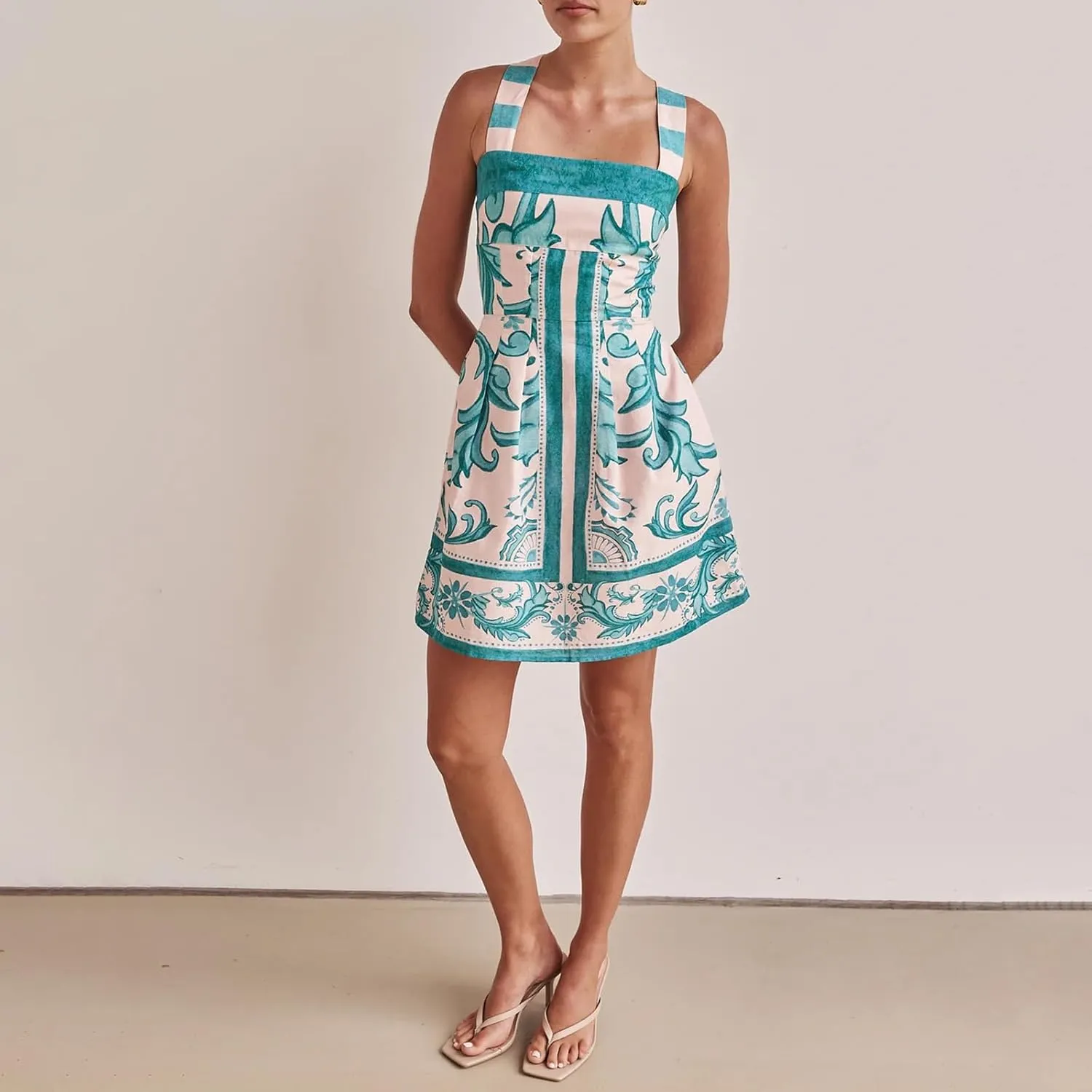Women Boho Halter Mini Dress Spaghetti Strap Graffiti Floral Short Dresses Summer Backless A Line Dress
