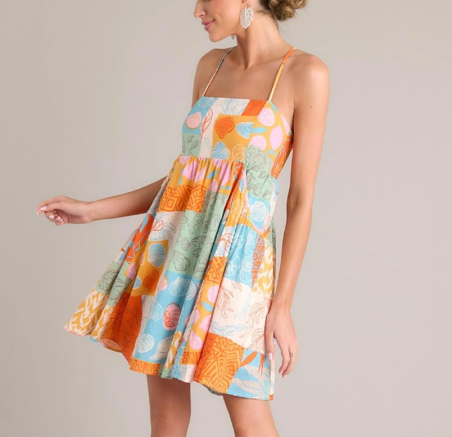 Women Boho Halter Mini Dress Spaghetti Strap Graffiti Floral Short Dresses Summer Backless A Line Dress
