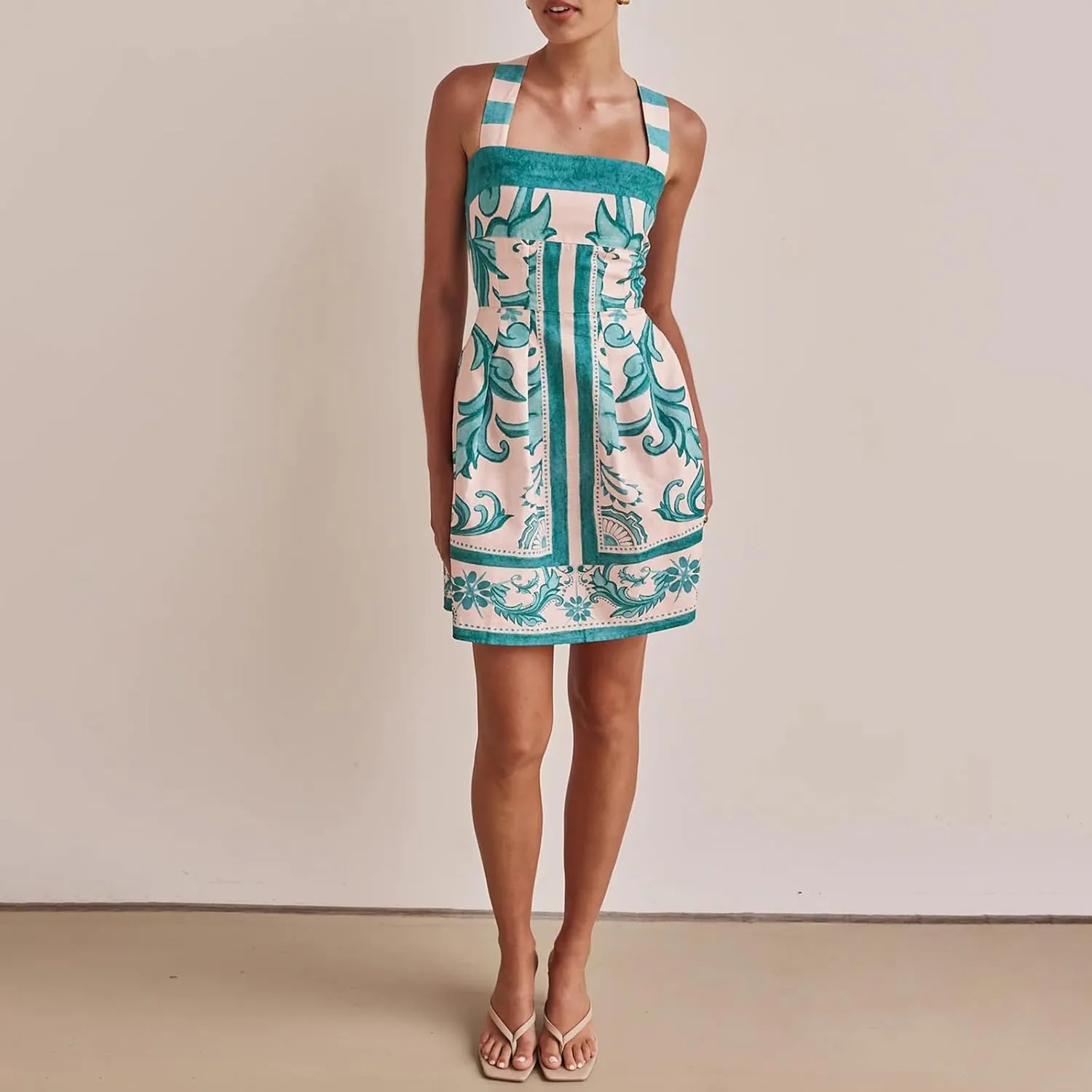 Women Boho Halter Mini Dress Spaghetti Strap Graffiti Floral Short Dresses Summer Backless A Line Dress