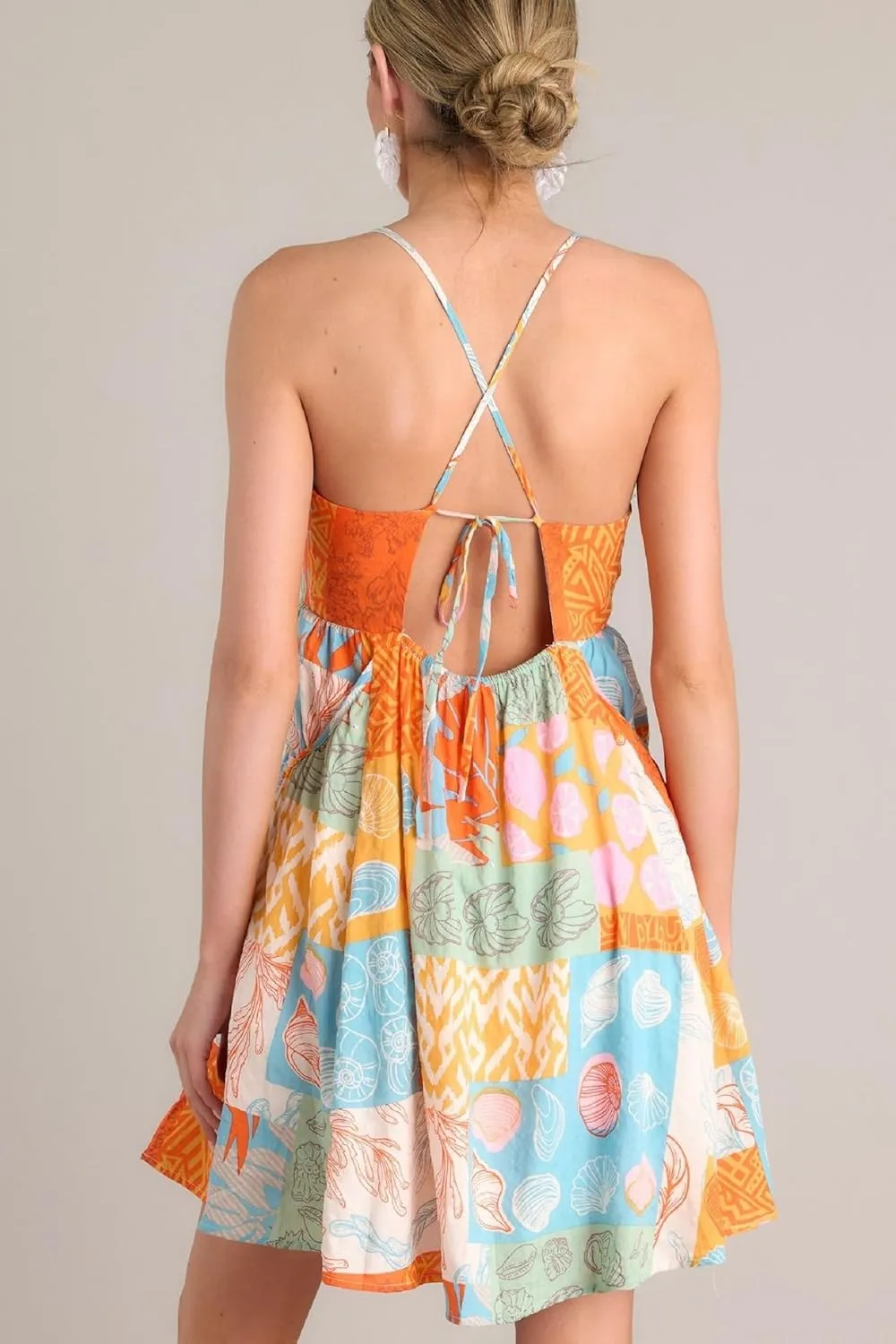 Women Boho Halter Mini Dress Spaghetti Strap Graffiti Floral Short Dresses Summer Backless A Line Dress