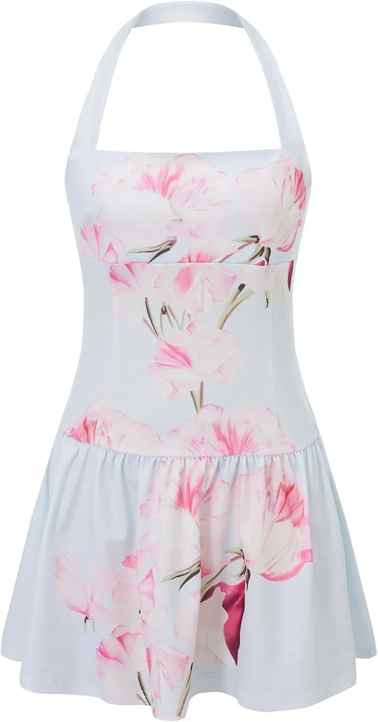 Women Boho Halter Mini Dress Spaghetti Strap Graffiti Floral Short Dresses Summer Backless A Line Dress