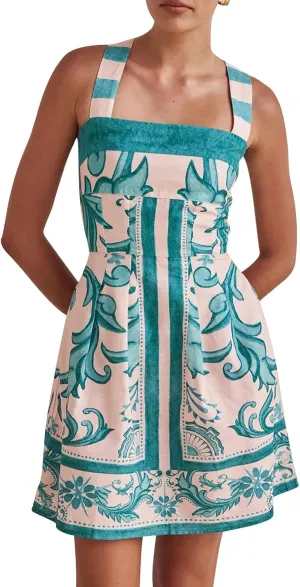 Women Boho Halter Mini Dress Spaghetti Strap Graffiti Floral Short Dresses Summer Backless A Line Dress