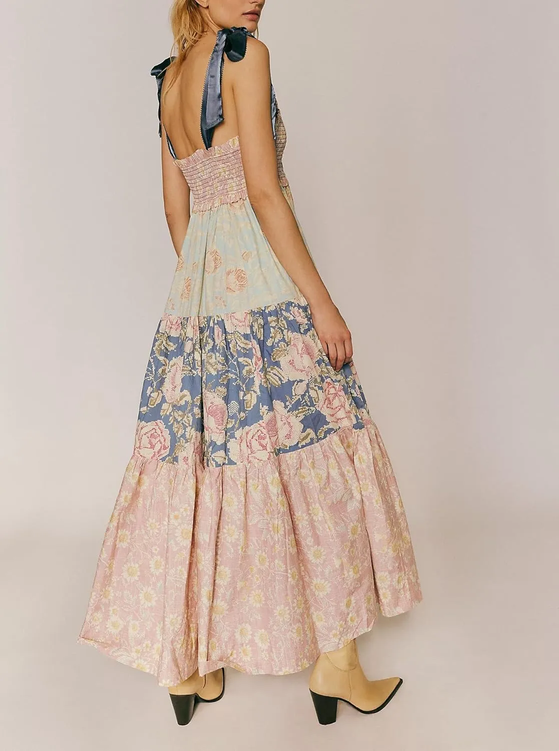 Women Boho Tie Shoulder Dress Y2k Floral Smocked Long Flowy Dresses Cute Summer Beach Spaghetti Strap Maxi Sundress