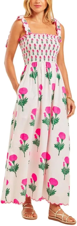 Women Boho Tie Shoulder Dress Y2k Floral Smocked Long Flowy Dresses Cute Summer Beach Spaghetti Strap Maxi Sundress