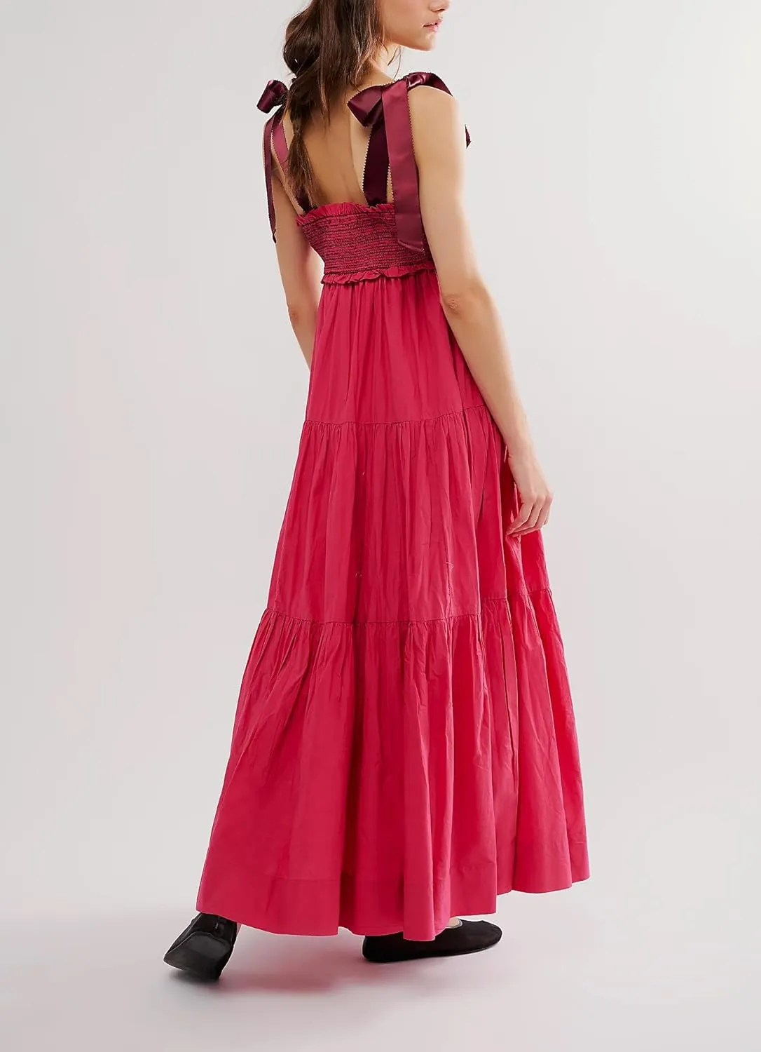 Women Boho Tie Shoulder Dress Y2k Floral Smocked Long Flowy Dresses Cute Summer Beach Spaghetti Strap Maxi Sundress