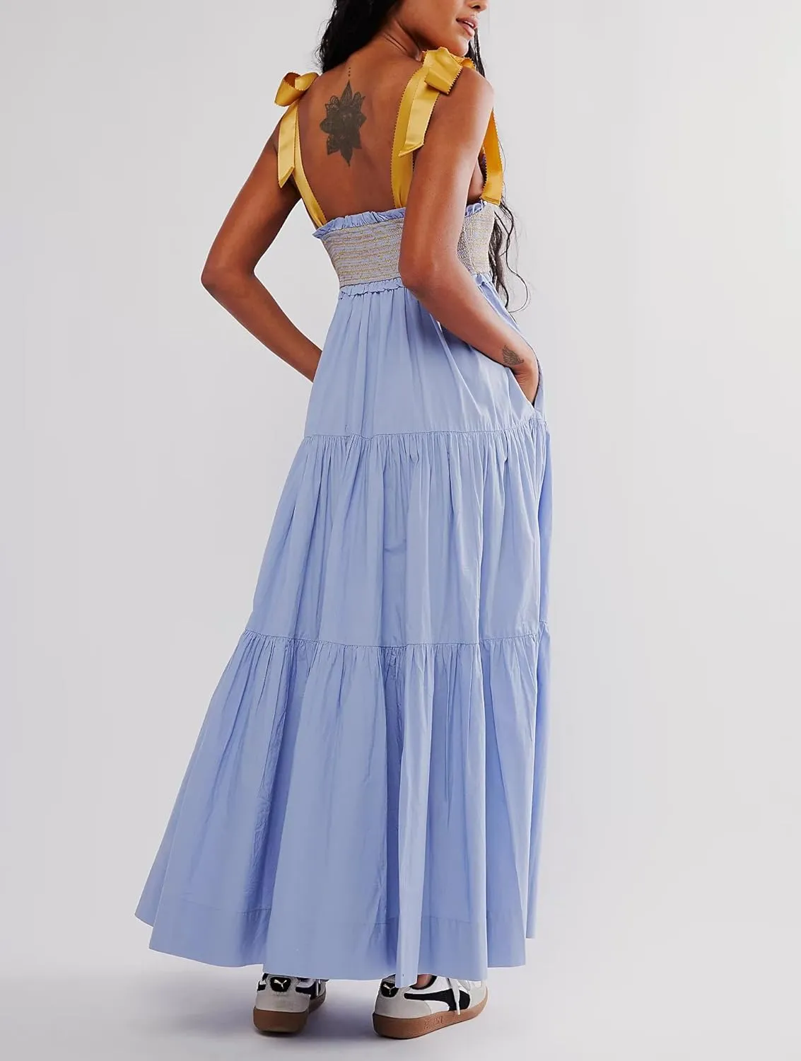 Women Boho Tie Shoulder Dress Y2k Floral Smocked Long Flowy Dresses Cute Summer Beach Spaghetti Strap Maxi Sundress