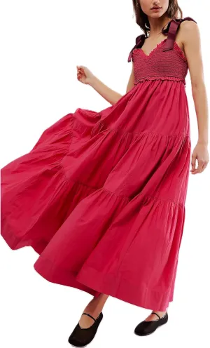 Women Boho Tie Shoulder Dress Y2k Floral Smocked Long Flowy Dresses Cute Summer Beach Spaghetti Strap Maxi Sundress
