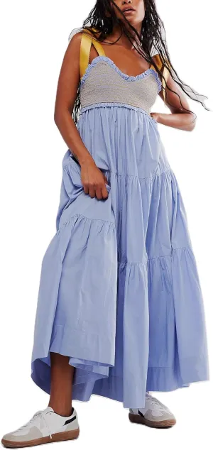 Women Boho Tie Shoulder Dress Y2k Floral Smocked Long Flowy Dresses Cute Summer Beach Spaghetti Strap Maxi Sundress