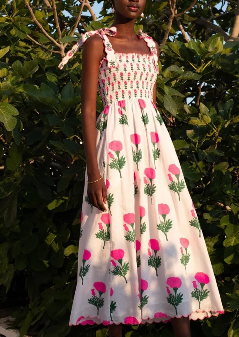 Women Boho Tie Shoulder Dress Y2k Floral Smocked Long Flowy Dresses Cute Summer Beach Spaghetti Strap Maxi Sundress