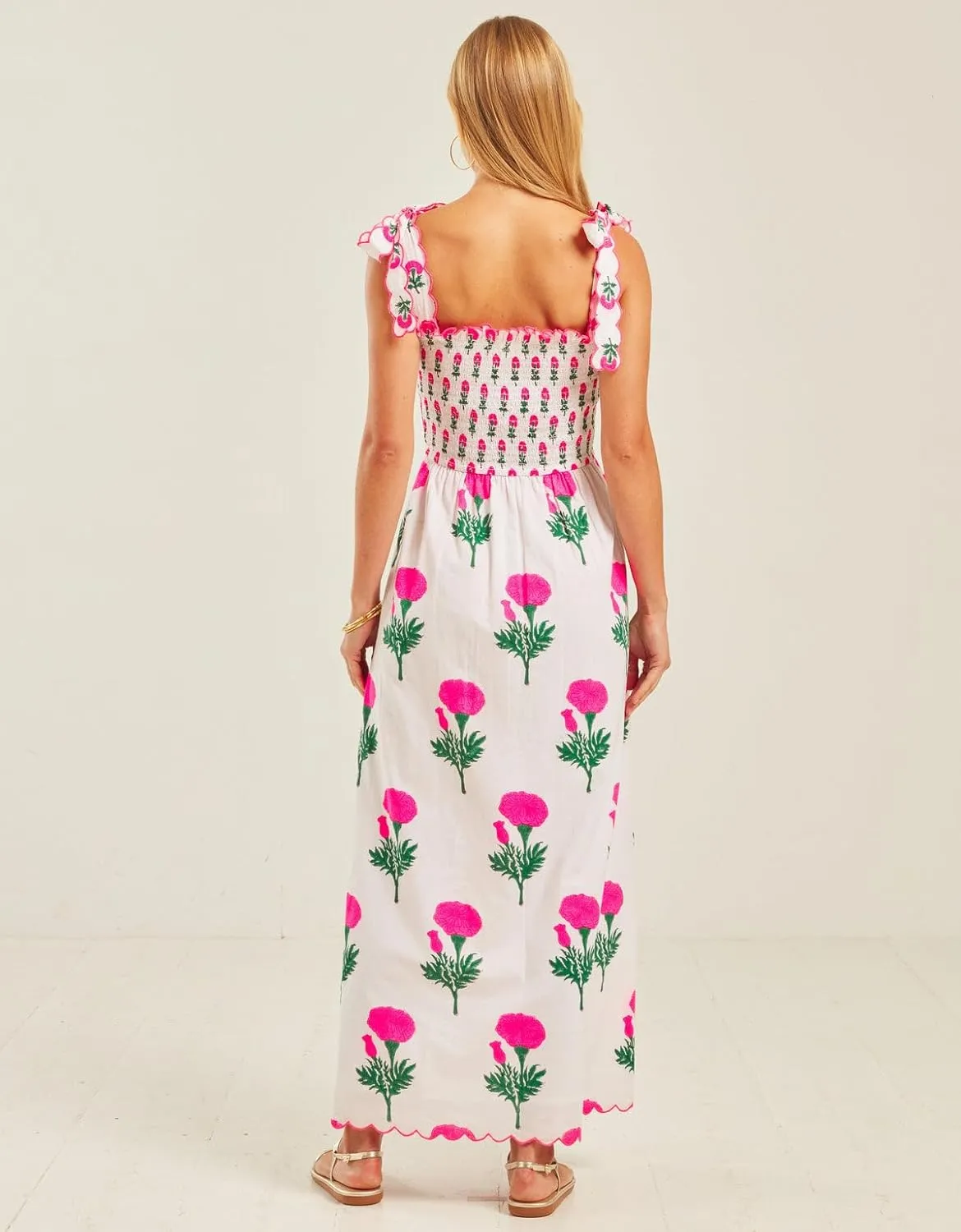 Women Boho Tie Shoulder Dress Y2k Floral Smocked Long Flowy Dresses Cute Summer Beach Spaghetti Strap Maxi Sundress