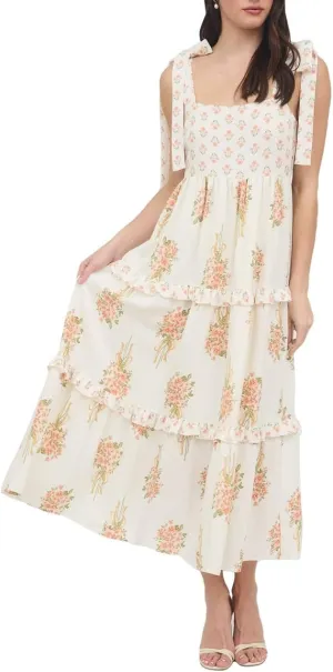 Women Boho Tie Shoulder Maxi Dress Y2k Floral Smocked Ruffle Long Dress Summer Tiered Swing Flowy Sundress