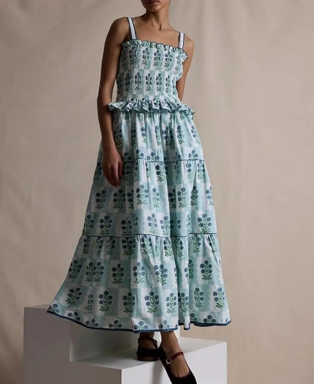 Women Boho Tie Shoulder Maxi Dress Y2k Floral Smocked Ruffle Long Dress Summer Tiered Swing Flowy Sundress
