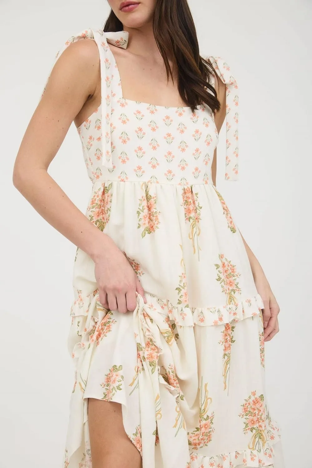 Women Boho Tie Shoulder Maxi Dress Y2k Floral Smocked Ruffle Long Dress Summer Tiered Swing Flowy Sundress