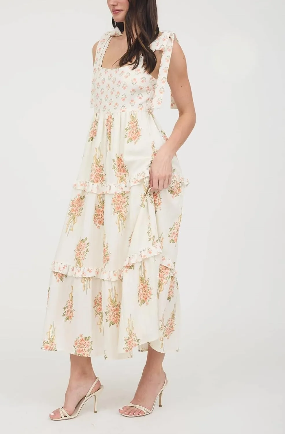 Women Boho Tie Shoulder Maxi Dress Y2k Floral Smocked Ruffle Long Dress Summer Tiered Swing Flowy Sundress