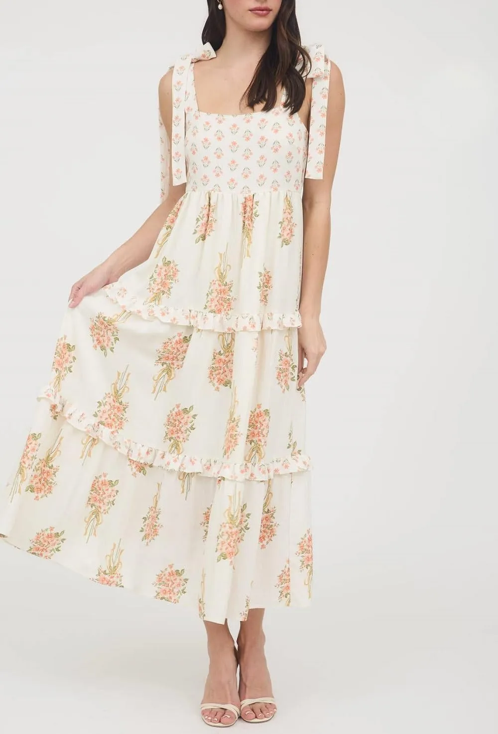 Women Boho Tie Shoulder Maxi Dress Y2k Floral Smocked Ruffle Long Dress Summer Tiered Swing Flowy Sundress