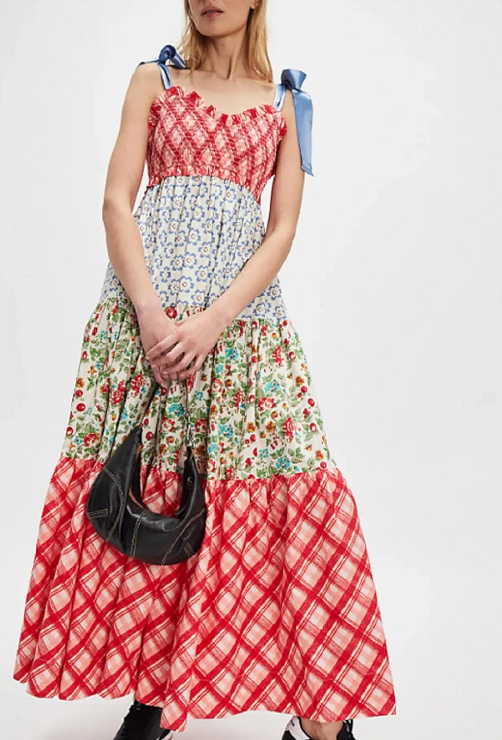 Women Boho Tie Shoulder Maxi Dress Y2k Floral Smocked Ruffle Long Dress Summer Tiered Swing Flowy Sundress