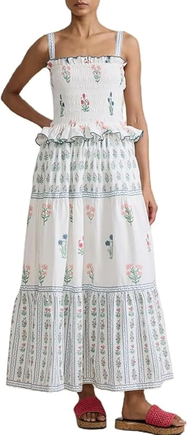 Women Boho Tie Shoulder Maxi Dress Y2k Floral Smocked Ruffle Long Dress Summer Tiered Swing Flowy Sundress