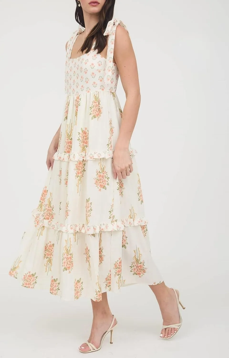 Women Boho Tie Shoulder Maxi Dress Y2k Floral Smocked Ruffle Long Dress Summer Tiered Swing Flowy Sundress