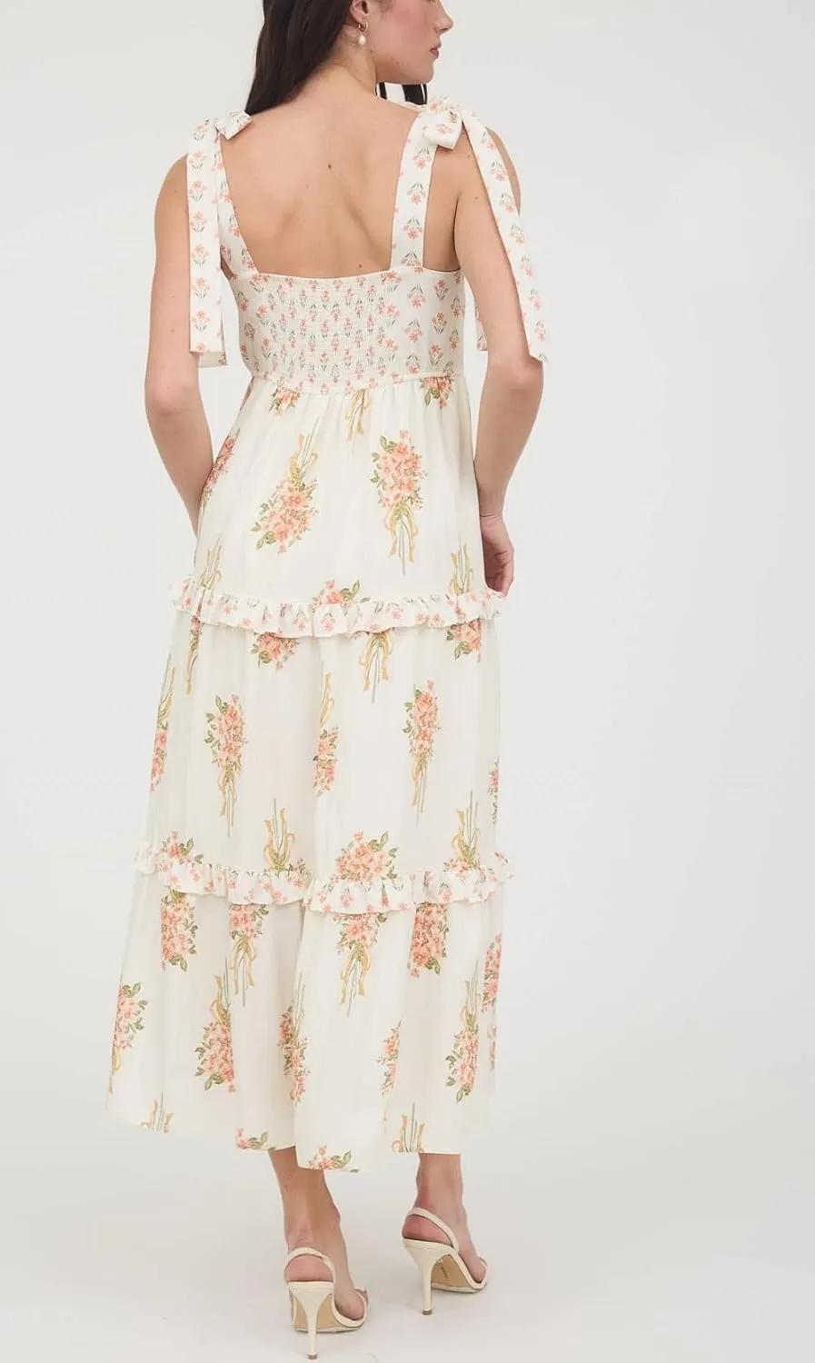 Women Boho Tie Shoulder Maxi Dress Y2k Floral Smocked Ruffle Long Dress Summer Tiered Swing Flowy Sundress