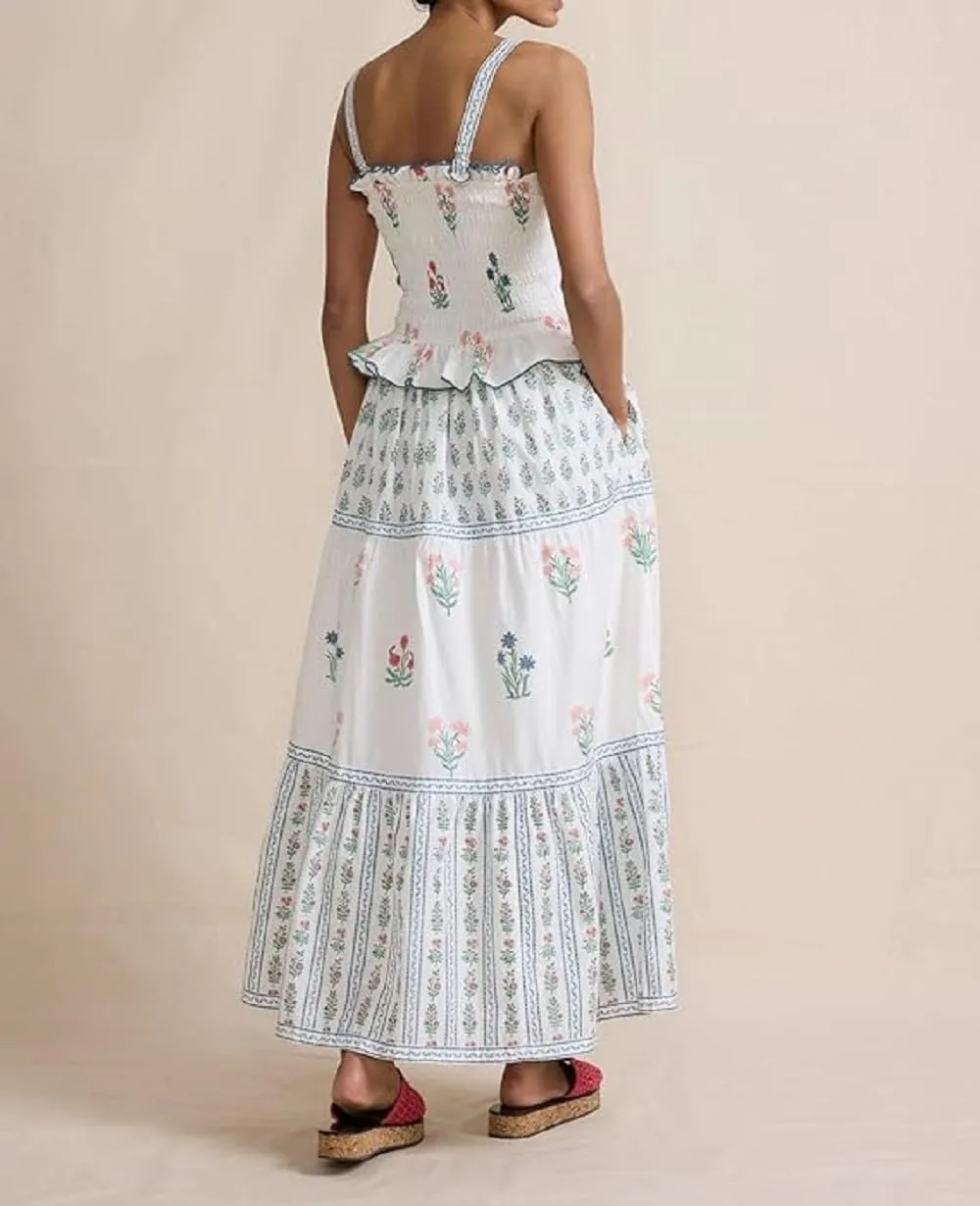 Women Boho Tie Shoulder Maxi Dress Y2k Floral Smocked Ruffle Long Dress Summer Tiered Swing Flowy Sundress