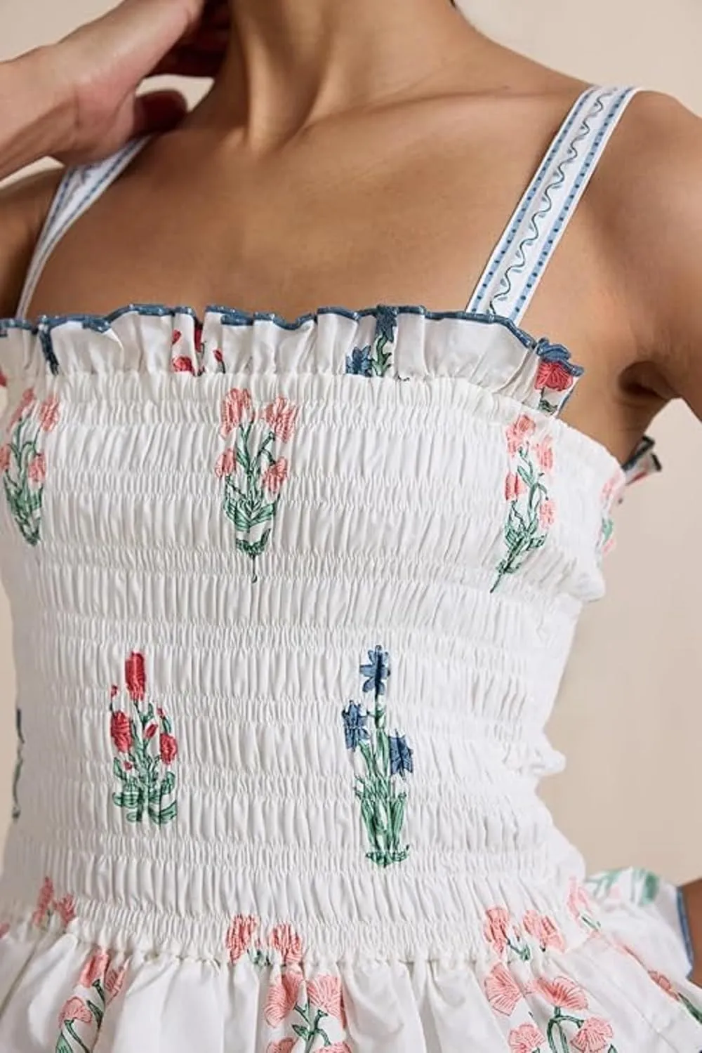 Women Boho Tie Shoulder Maxi Dress Y2k Floral Smocked Ruffle Long Dress Summer Tiered Swing Flowy Sundress