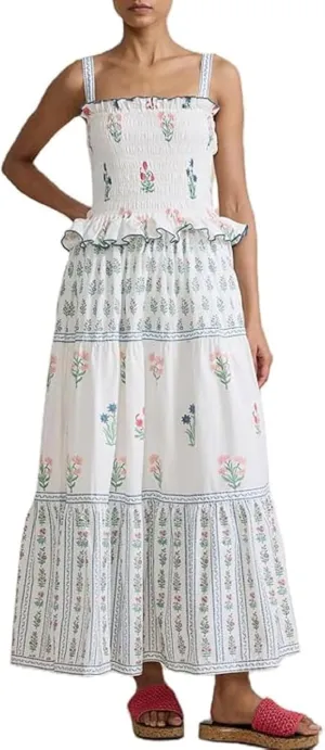Women Boho Tie Shoulder Maxi Dress Y2k Floral Smocked Ruffle Long Dress Summer Tiered Swing Flowy Sundress