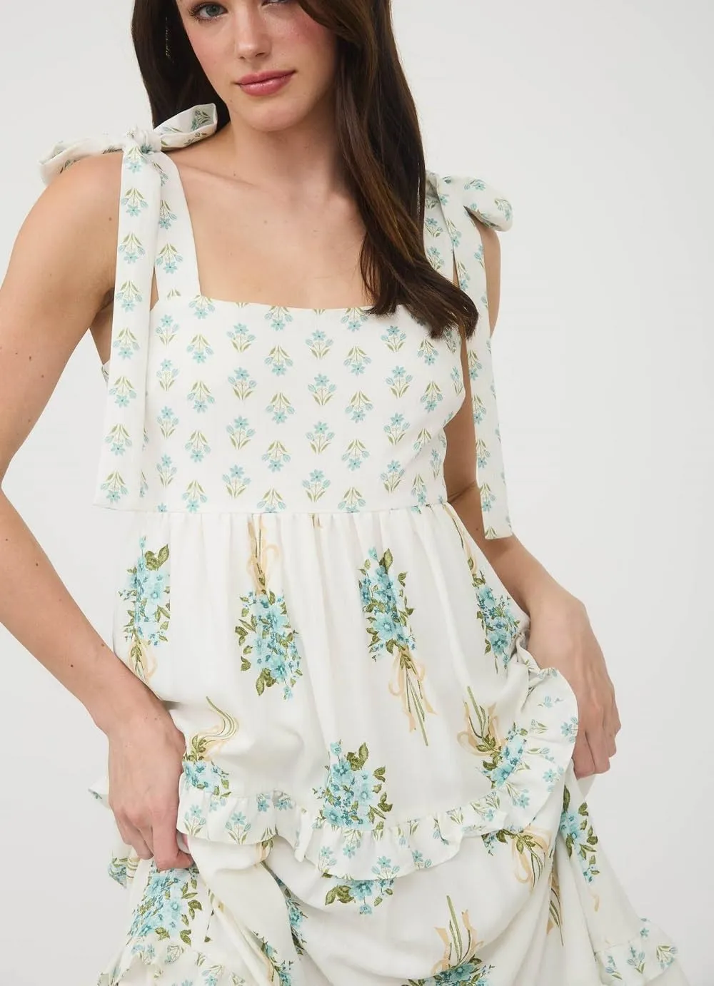 Women Boho Tie Shoulder Maxi Dress Y2k Floral Smocked Ruffle Long Dress Summer Tiered Swing Flowy Sundress